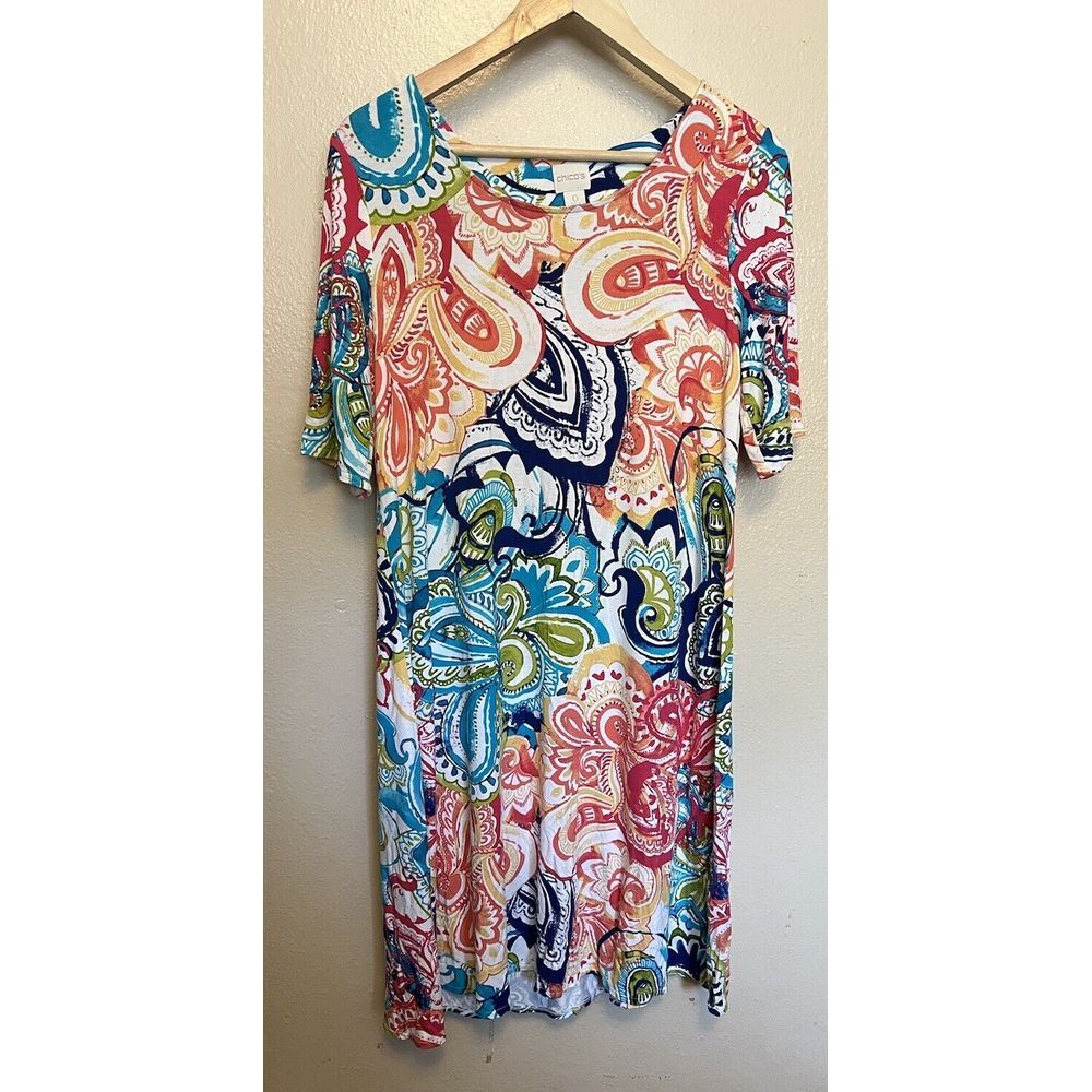 Chicos Rainbow Colorful Paisley Stretch Knit Short Sleeve Dress Women's Size 0